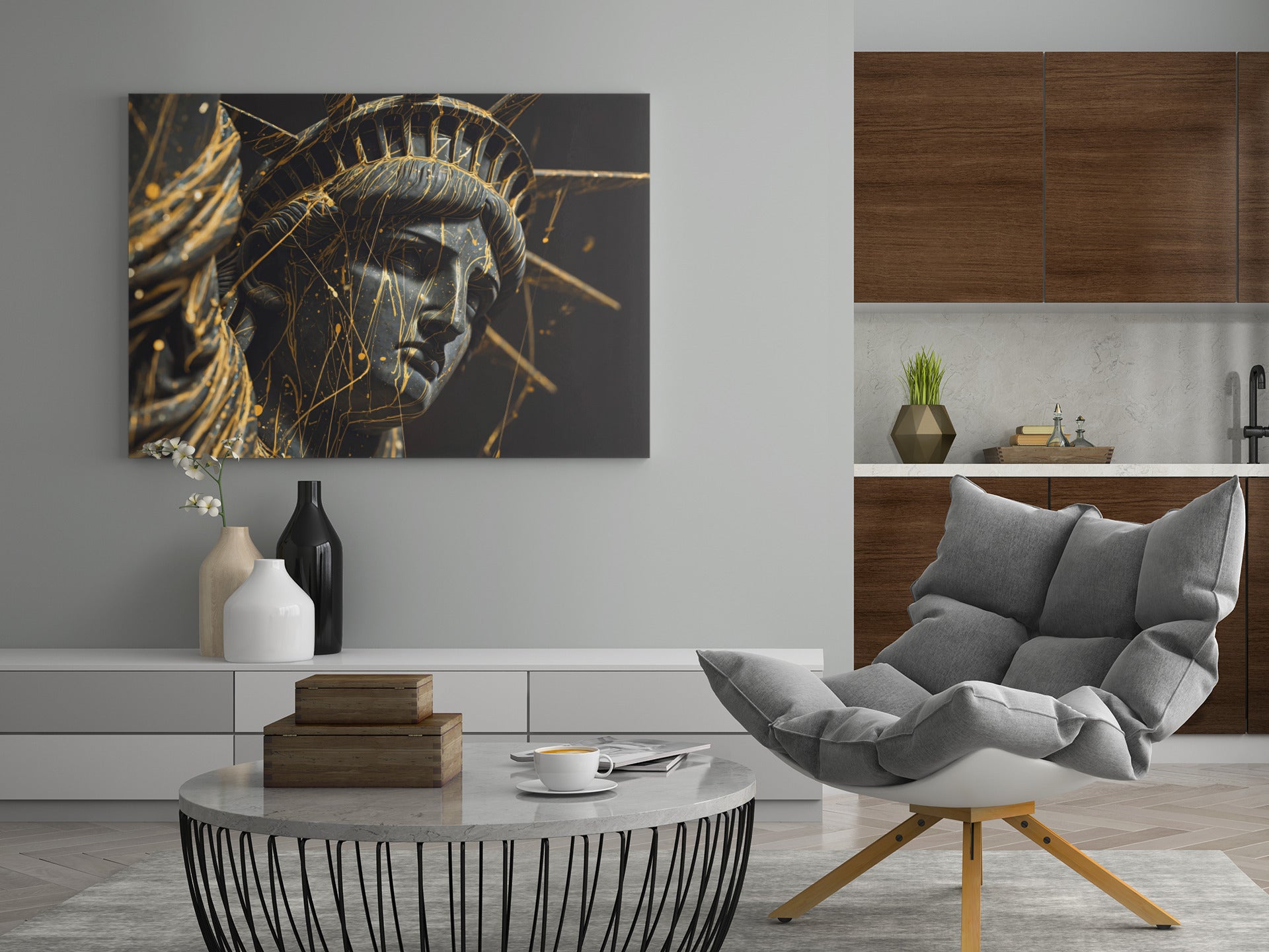Leinwandbild der Freiheitsstatue als goldene Liniengrafik, querformatiges Halbprofil