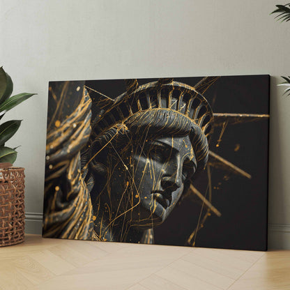 Leinwandbild mit Freiheitsstatue im Gold-Linien-Look, dunklem Hintergrund, Halbprofil