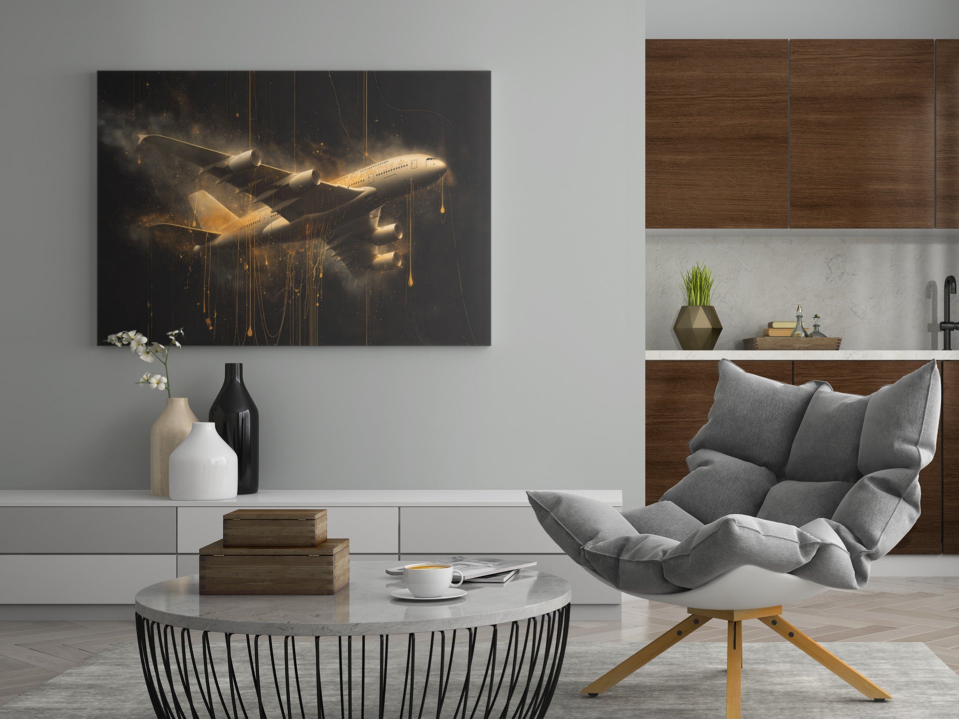 Leinwandbild mit goldener Flugzeugillustration an der Wand über Sofa