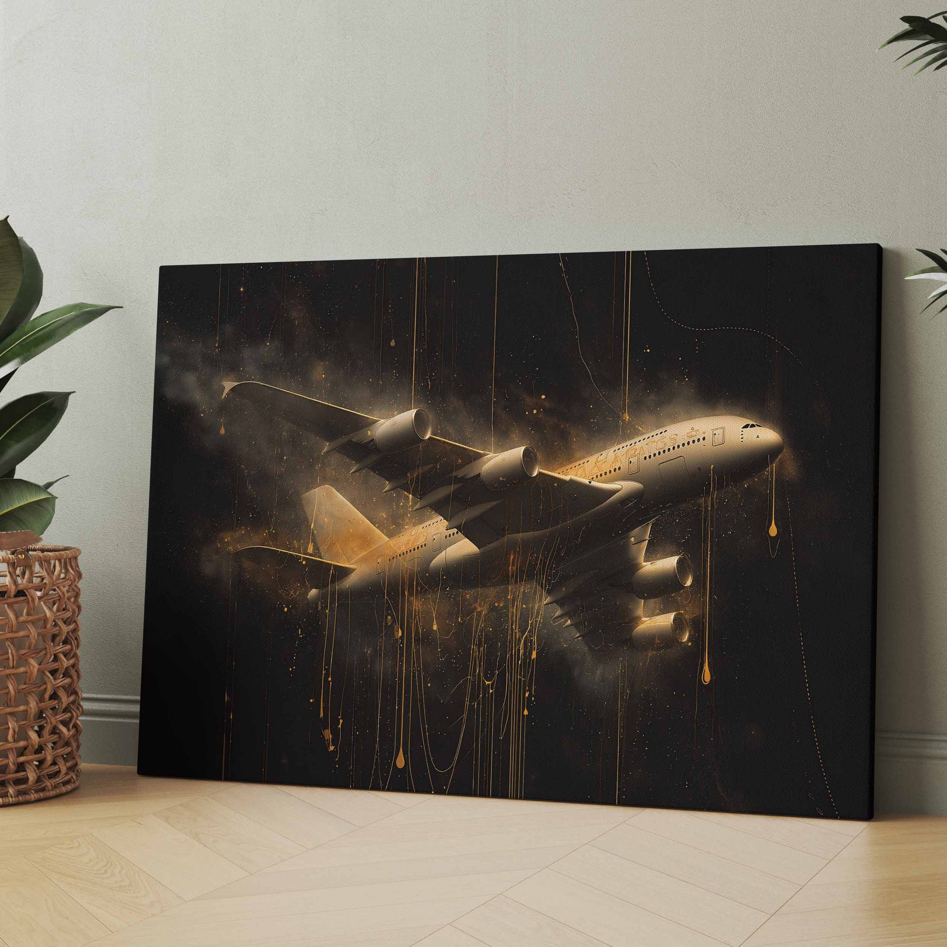 Rechteckiges Leinwandbild mit goldener Flugzeugillustration auf dunklem Hintergrund