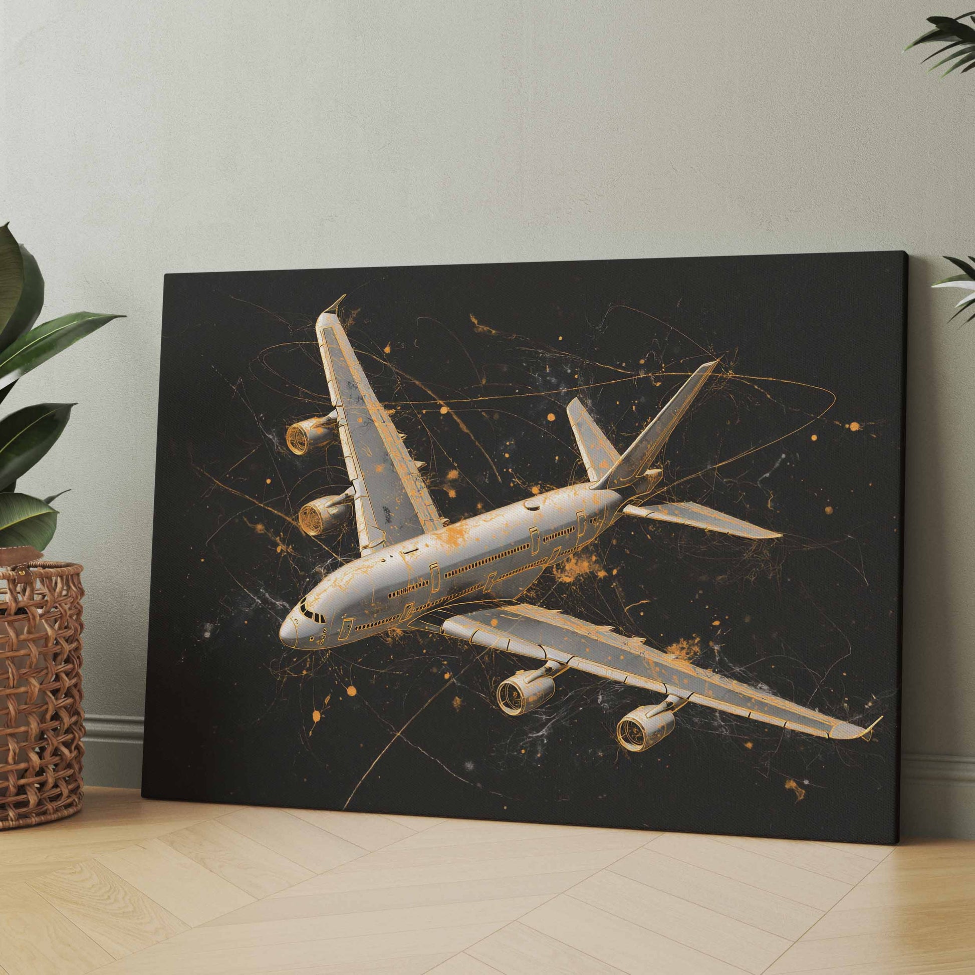 Leinwandbild: Flugzeug vor dunklem Hintergrund mit goldenen Linien, auf Rahmen