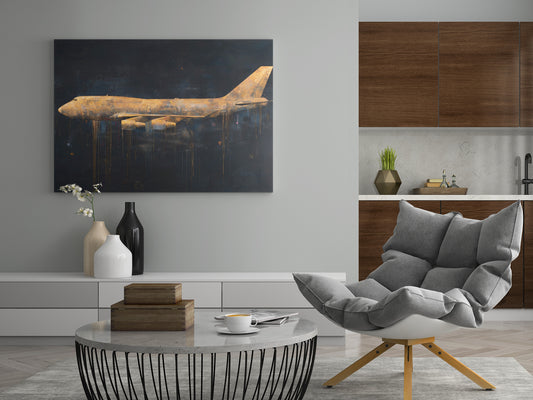Flugzeug-Poster mit goldbraunem Jet auf dunkelblauem Hintergrund, rechteckig
