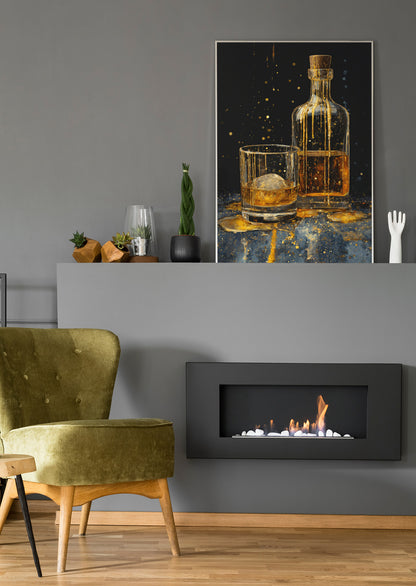 Poster mit Whiskyflasche und Whiskyglas, goldene Punkte und Spritzer auf dunklem Grund