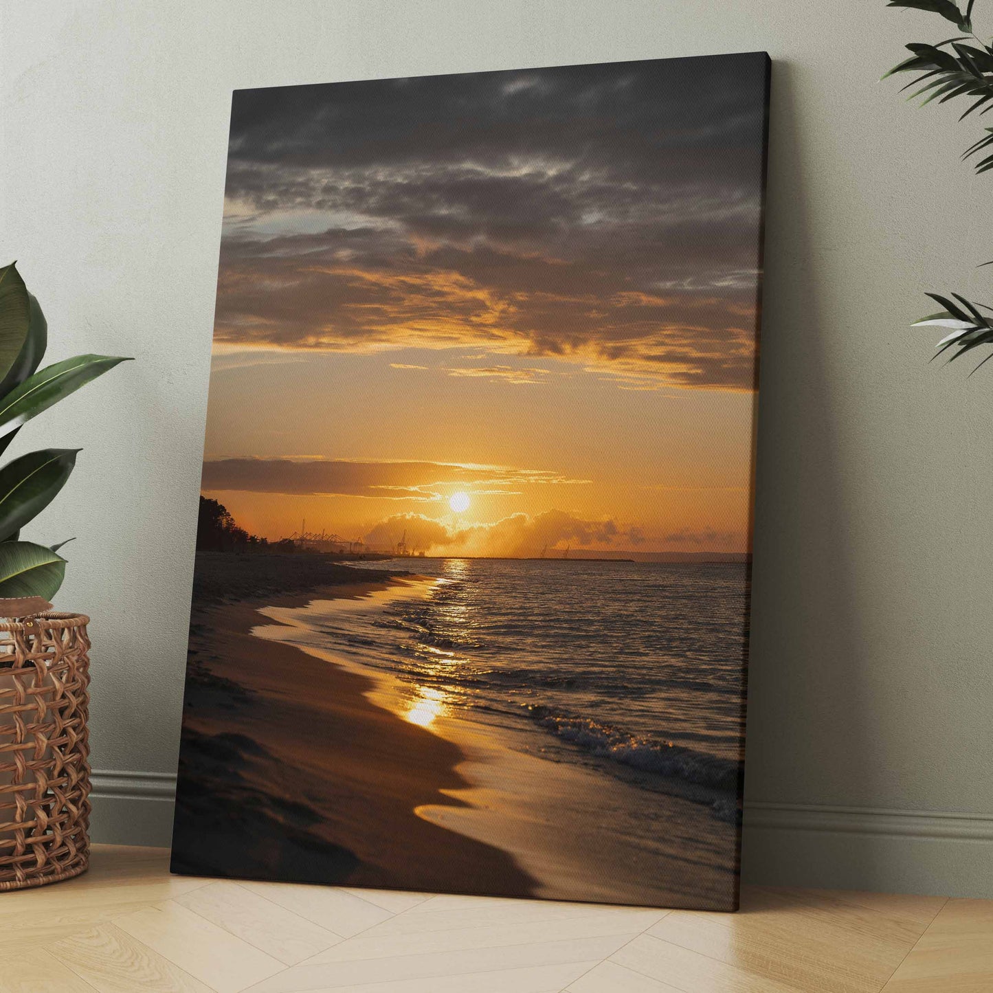 Leinwand mit Ostsee-Strand und Sonnenuntergang, Spiegelung auf ruhigem Wasser
