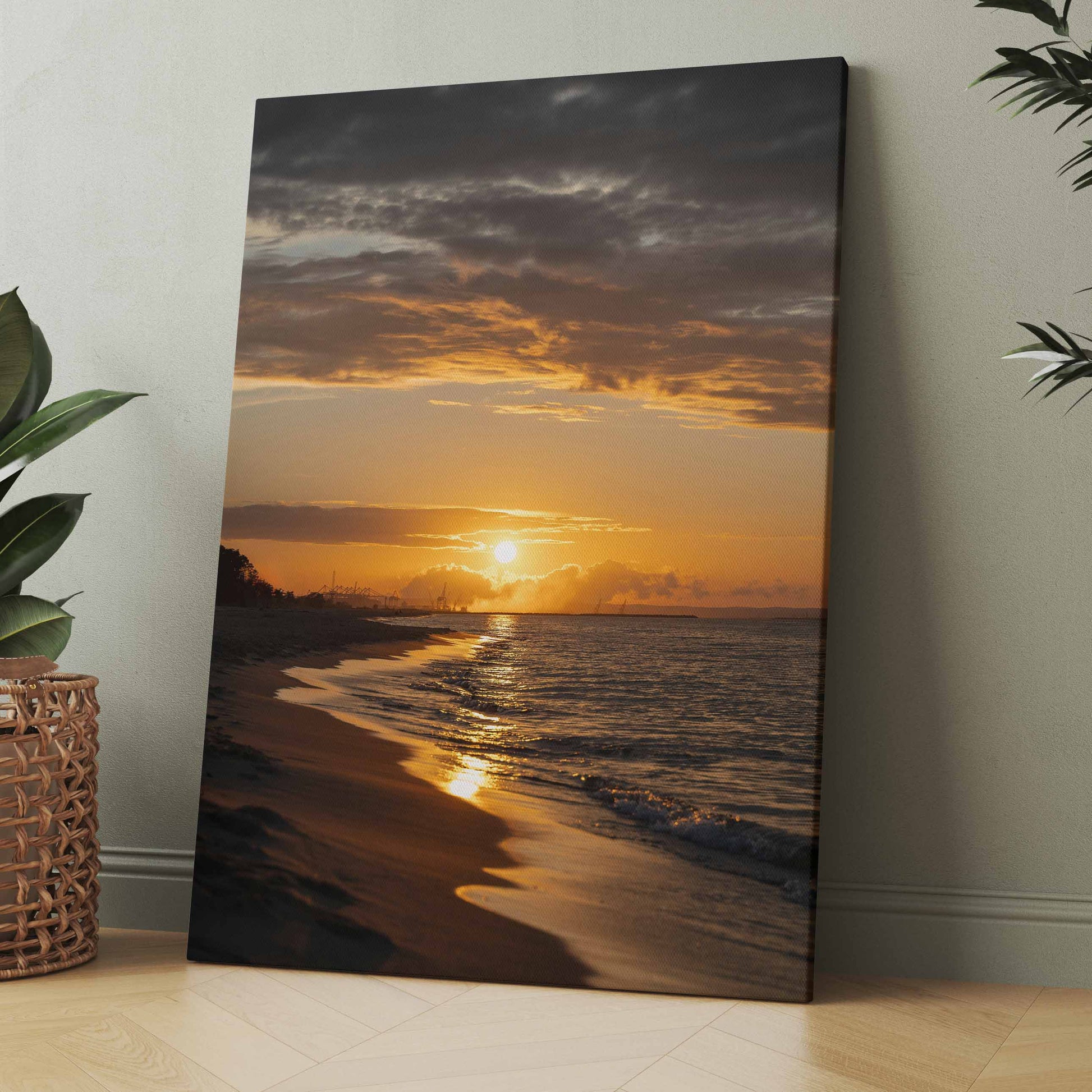 Leinwand mit Ostsee-Strand und Sonnenuntergang, Spiegelung auf ruhigem Wasser