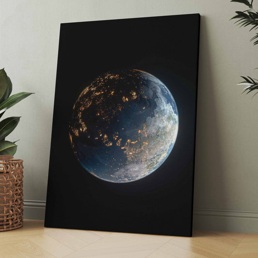 Leinwand mit Darstellung der Erde im Weltraum, schwarzer Hintergrund