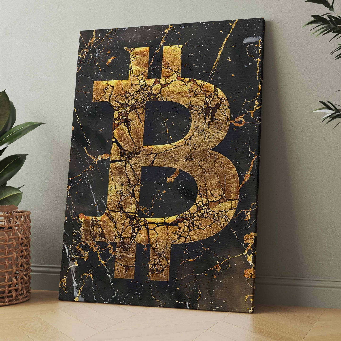 Bitcoin-Poster mit goldfarbenem B und gesprungenem Muster auf dunklem Hintergrund