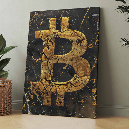 Bitcoin-Poster mit goldfarbenem B und gesprungenem Muster auf dunklem Hintergrund