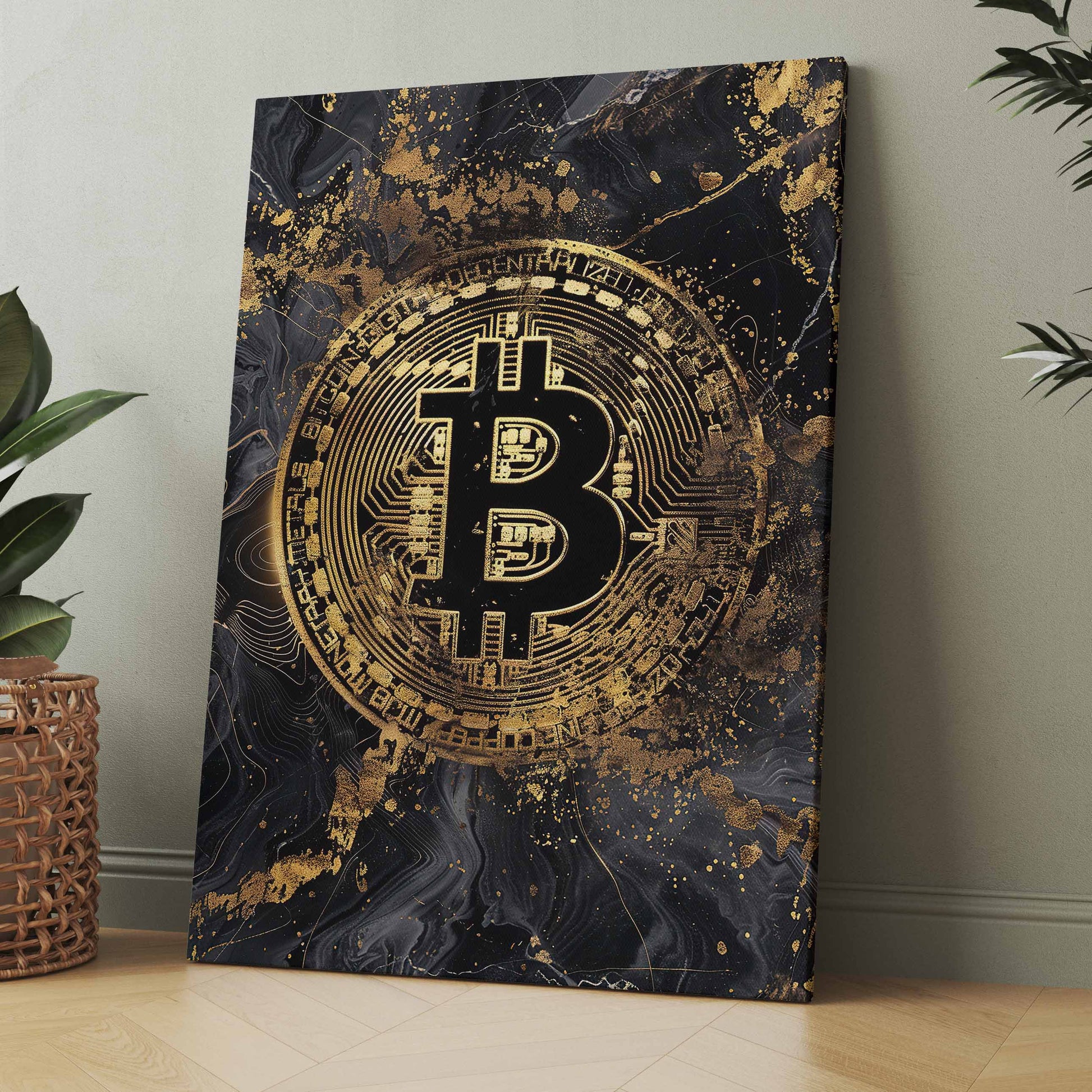 Bitcoin-Kunstposter mit goldenem Symbol in dunkler Marmoroptik, rechteckig