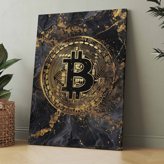 Bitcoin-Kunstposter mit goldenem Symbol in dunkler Marmoroptik, rechteckig
