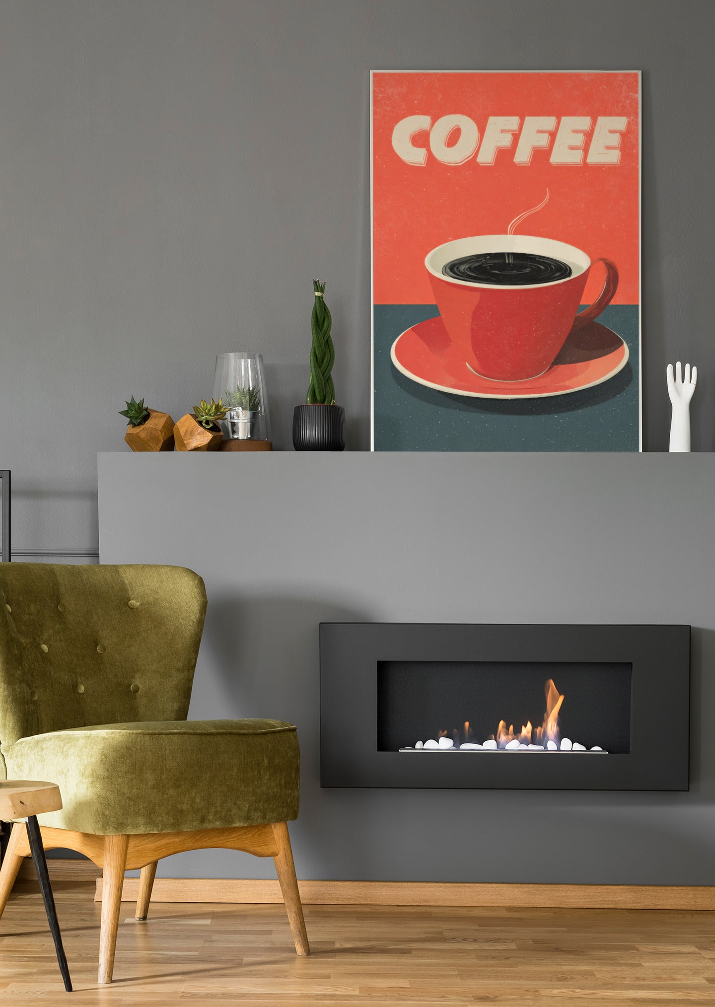 Kaffee-Retroposter an der Wand: „COFFEE“-Schrift, Kaffeetasse auf Untersetzer