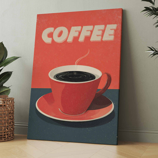 Kaffeemotiv auf Leinwand: „COFFEE“ in Weiß, rote Tasse mit Untersetzer