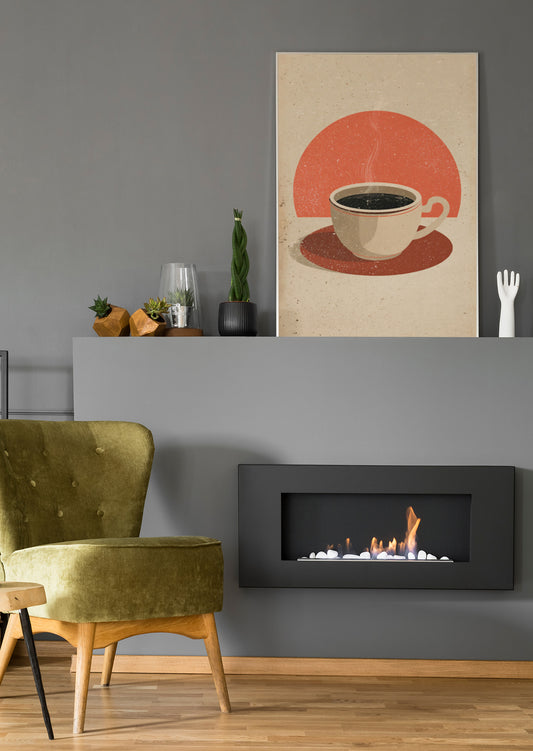 Vintage Kaffeetassen-Poster, zentriert: Tasse auf beigem Grund mit rotem Kreis