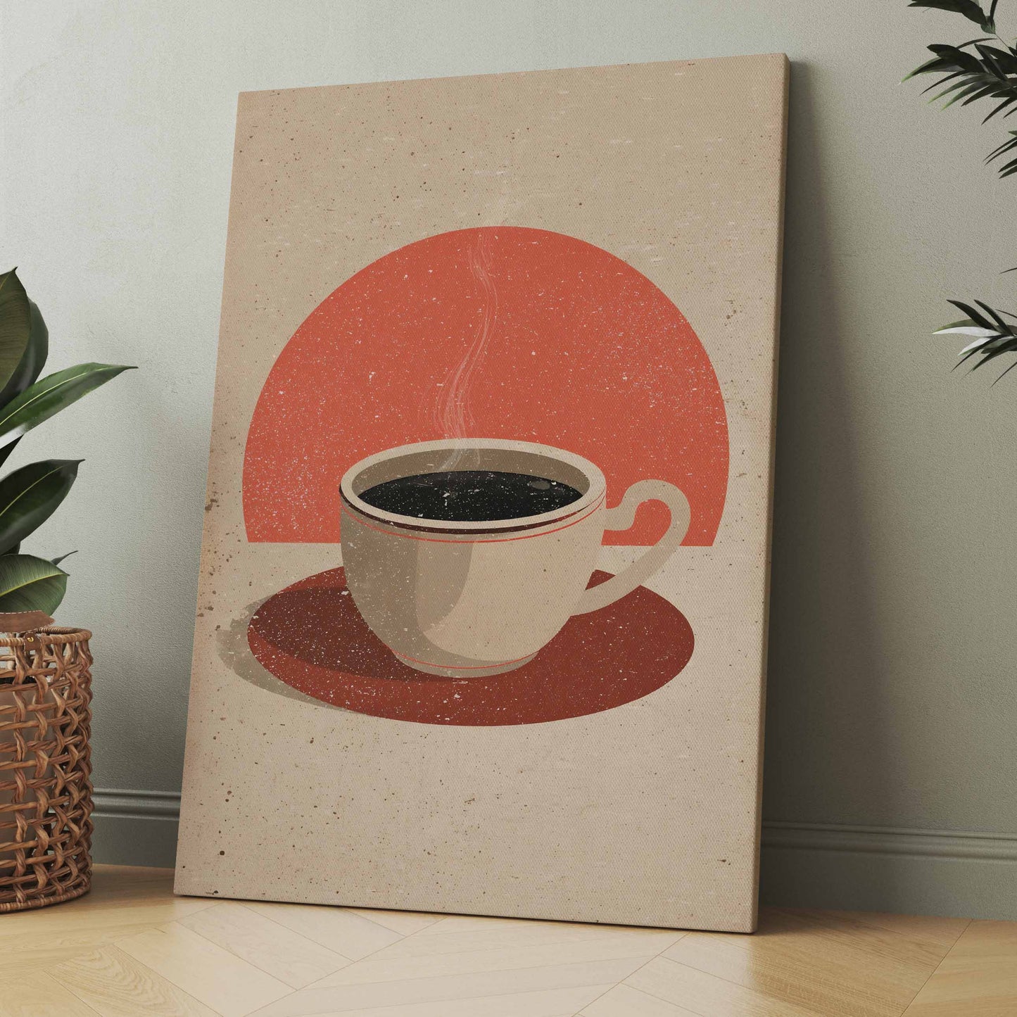 Vintage Kaffeetassen-Poster: rote Kreise, Tasse auf beigem Hintergrund