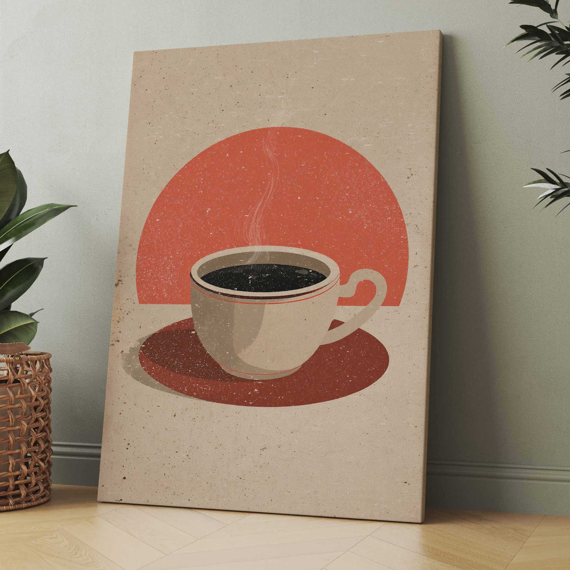 Vintage Kaffeetassen-Poster: rote Kreise, Tasse auf beigem Hintergrund
