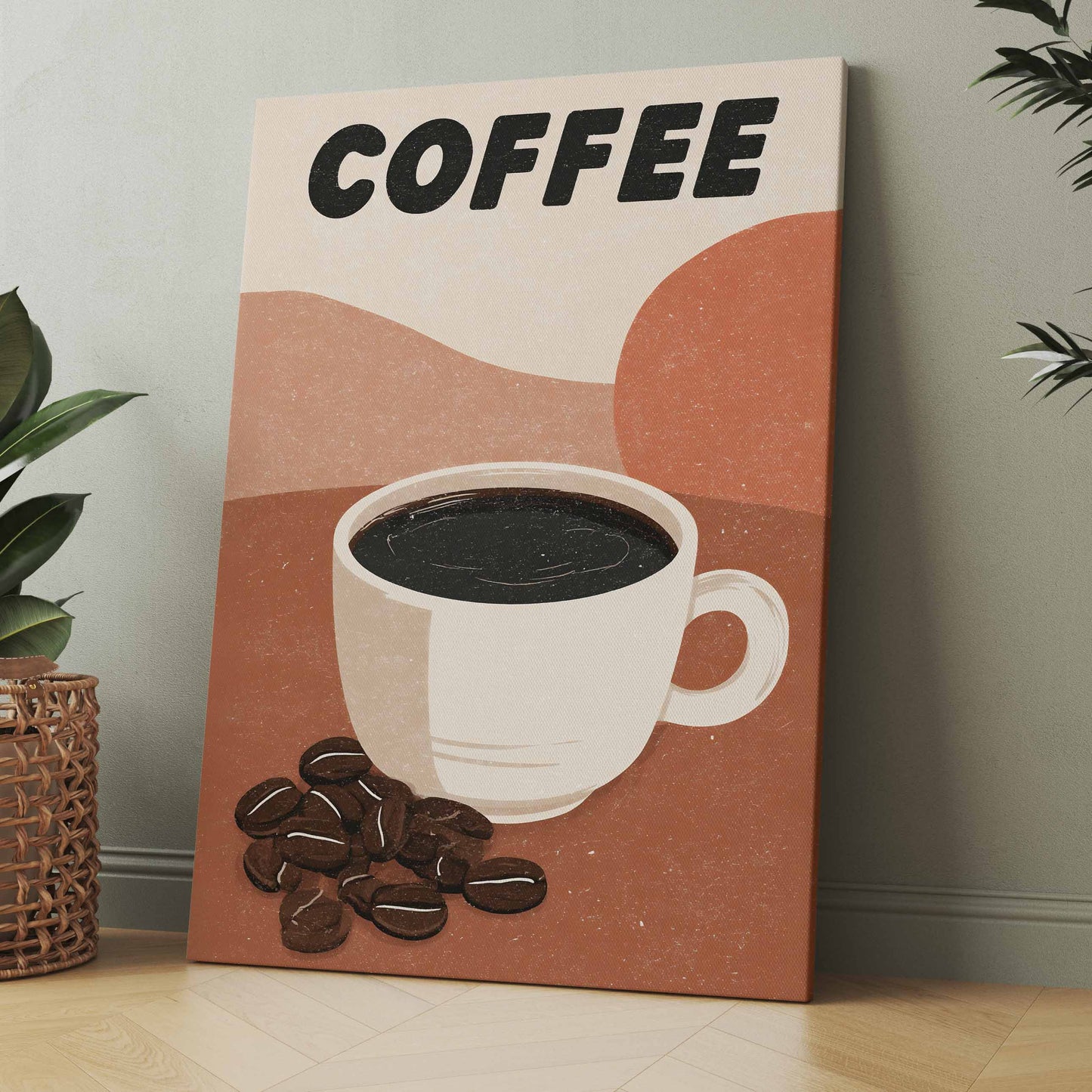 Kaffeeposter mit Schriftzug „COFFEE“ und weißer Tasse mit Kaffeebohnen
