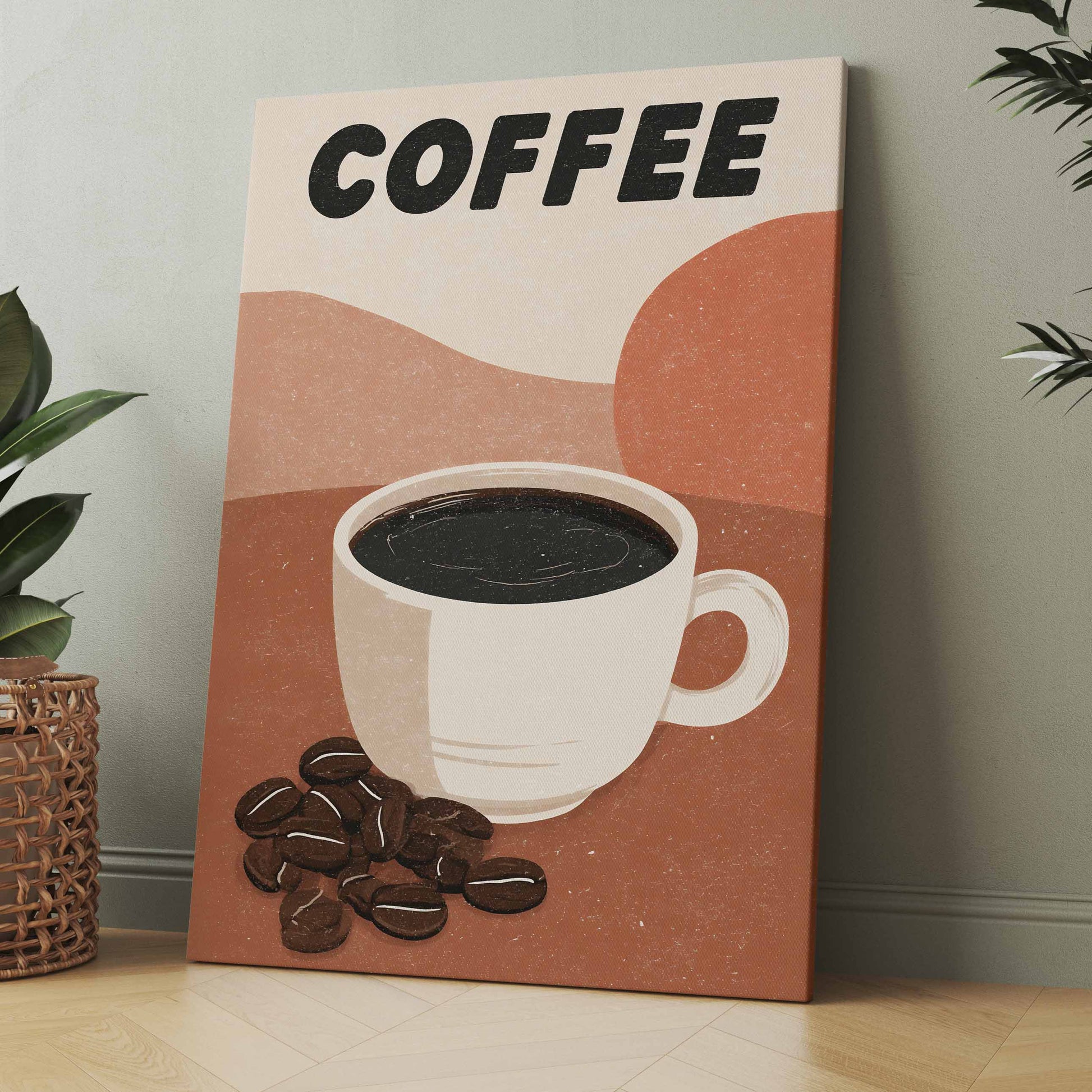 Kaffeeposter mit Schriftzug „COFFEE“ und weißer Tasse mit Kaffeebohnen