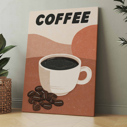 Kaffeeposter mit Schriftzug „COFFEE“ und weißer Tasse mit Kaffeebohnen