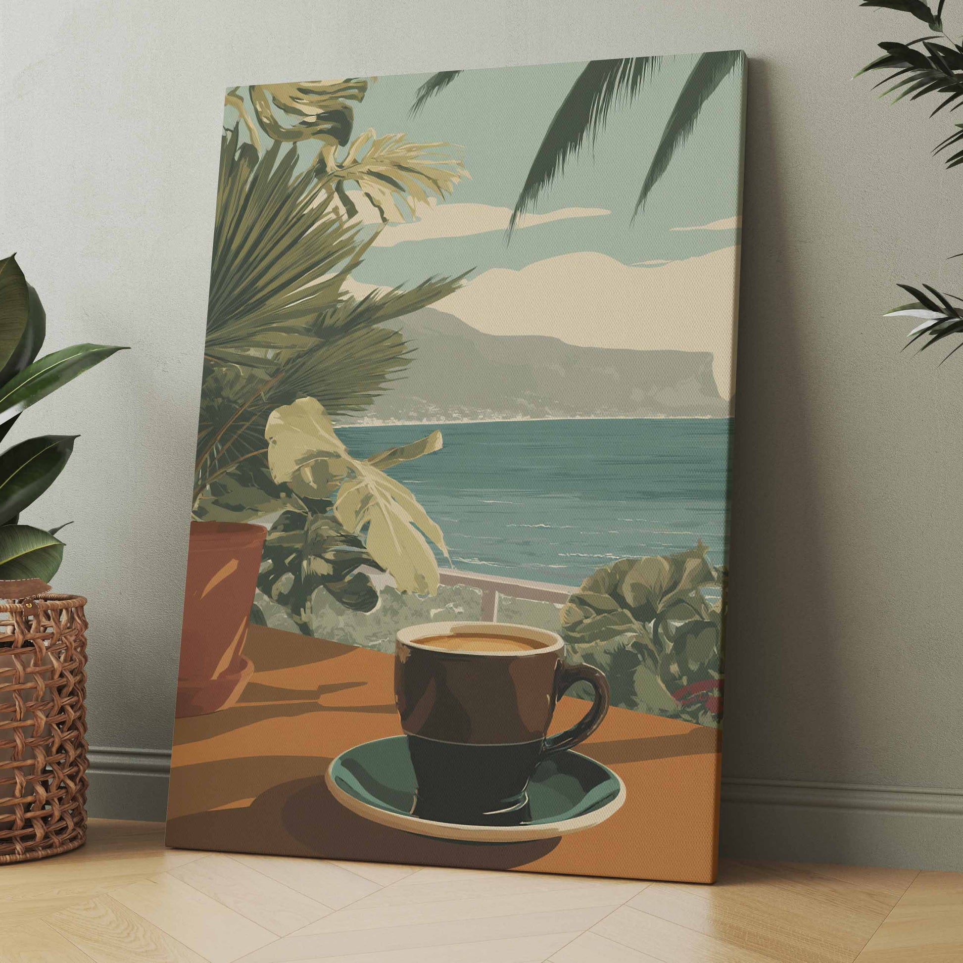 Vintage-Kaffee-Poster mit Tasse auf Untersetzer und tropischer Küstenlandschaft