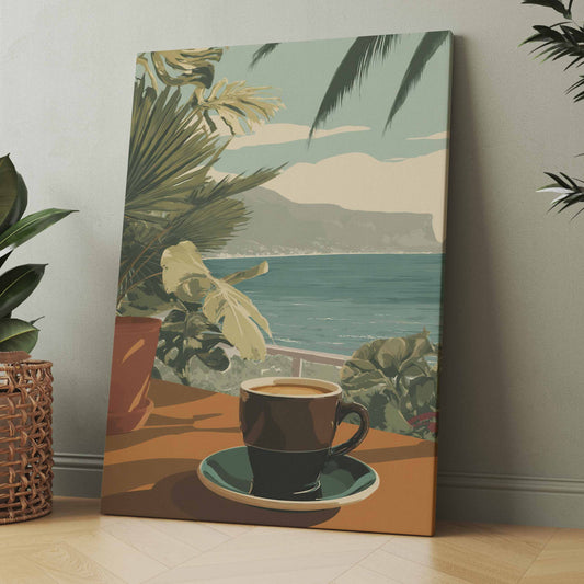 Vintage-Kaffee-Poster mit Tasse auf Untersetzer und tropischer Küstenlandschaft