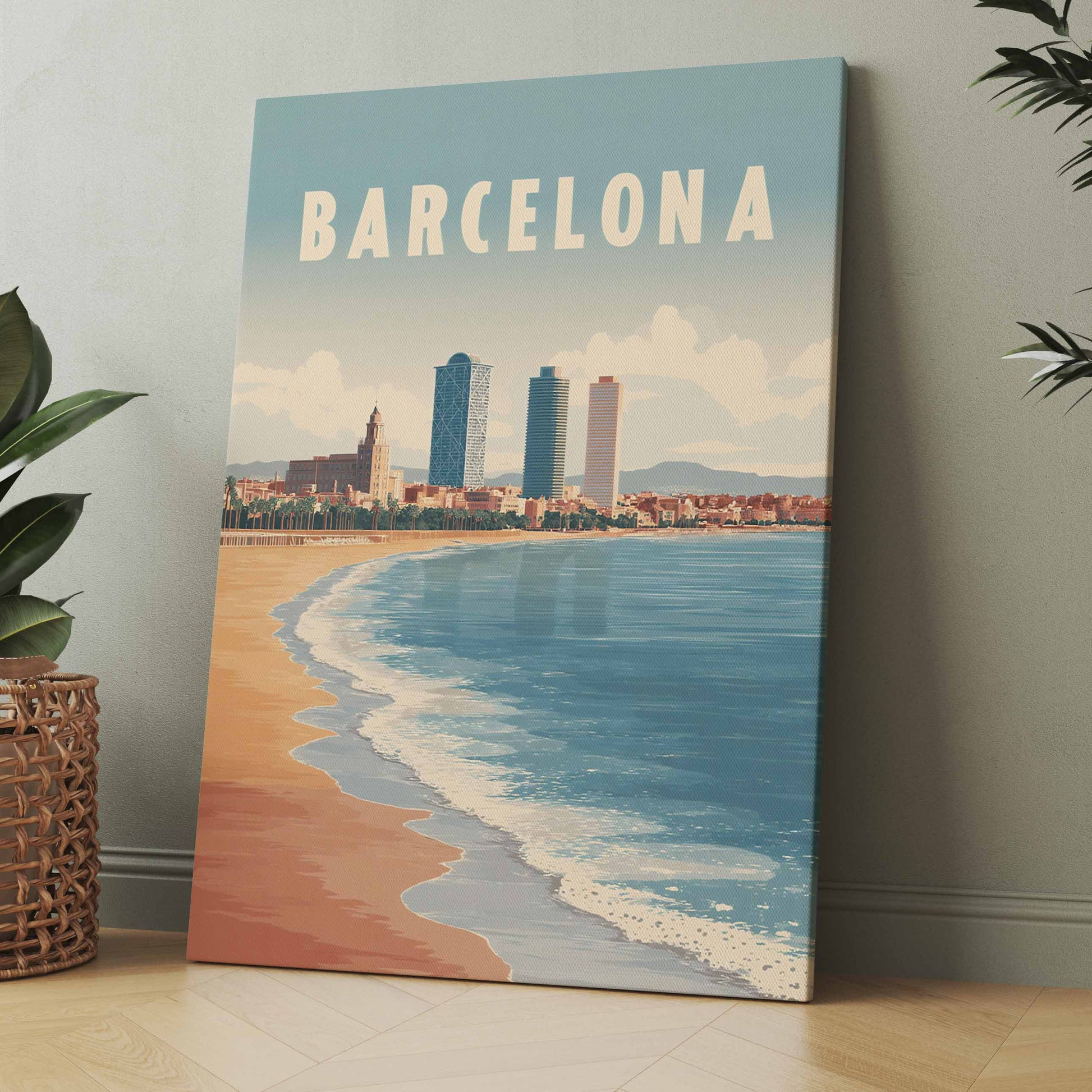Vertikaler Wandkunst-Print „Barcelona“ mit Strand, Wellen und Schriftzug