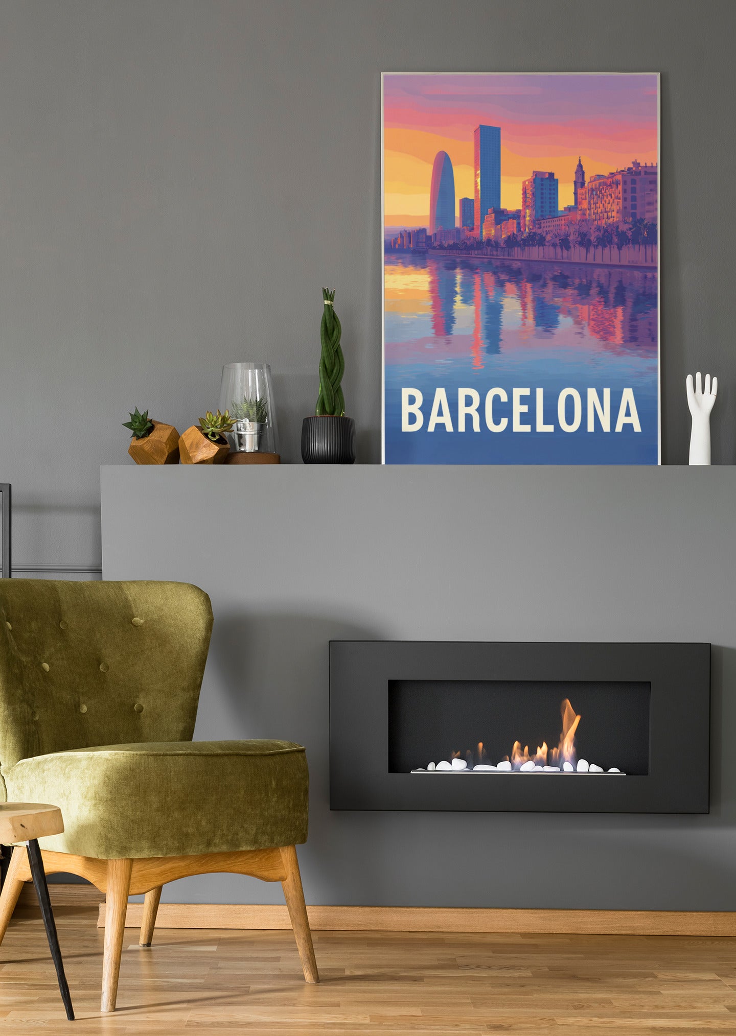Barcelona-Skyline-Poster mit Sonnenuntergang am Wasser und Spiegelung, Schriftzug BARCELONA