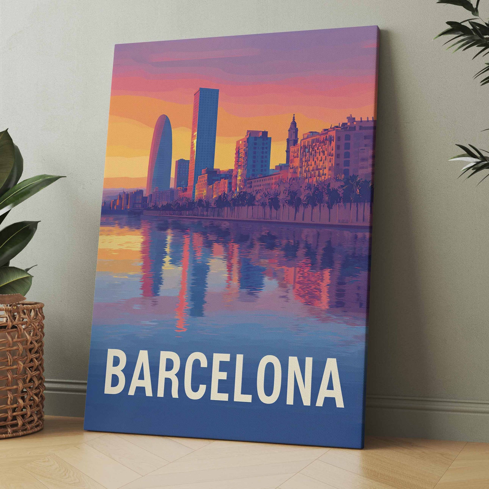 Vintage Barcelona-Skyline auf Leinwand mit Sonnenuntergang und Spiegelung, Aufschrift BARCELONA