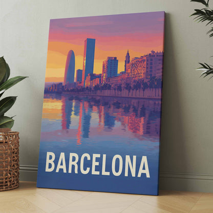 Vintage Barcelona-Skyline auf Leinwand mit Sonnenuntergang und Spiegelung, Aufschrift BARCELONA