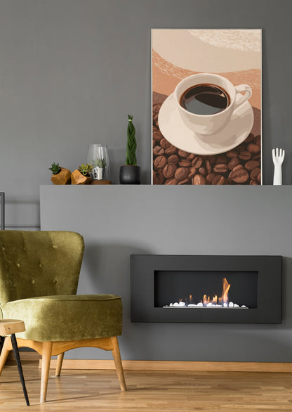 Minimalistisches Kaffeeposter auf Leinwand: Tasse auf Kaffeebohnen, beigetöne
