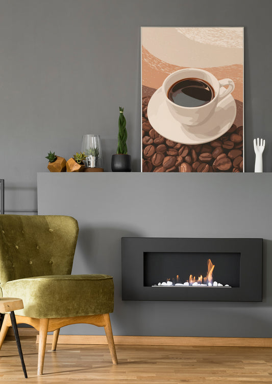 Minimalistisches Kaffeeposter auf Leinwand: Tasse auf Kaffeebohnen, beigetöne