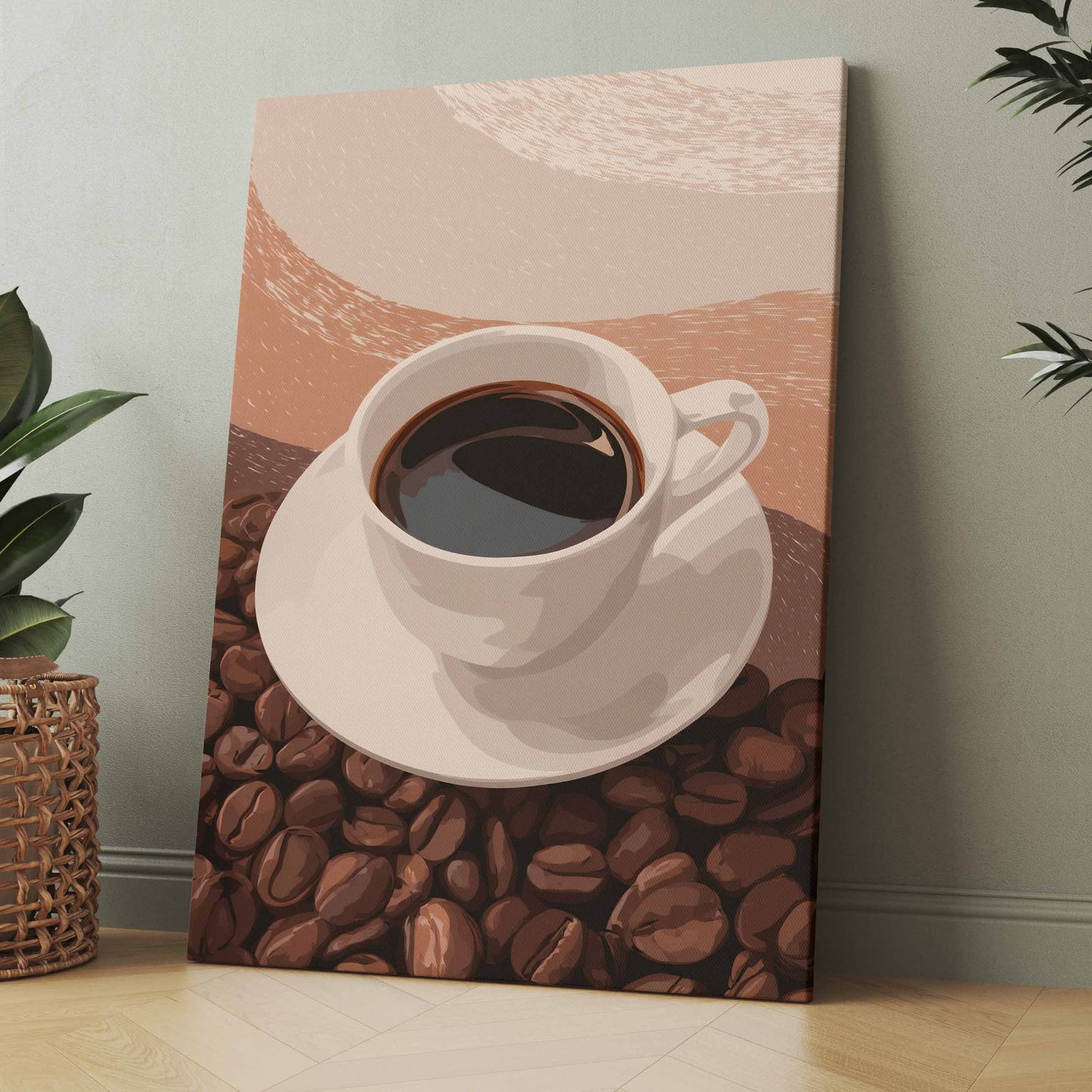 Minimalistisches Kaffeeposter: Tasse auf Kaffeebohnen in Braun und Beige