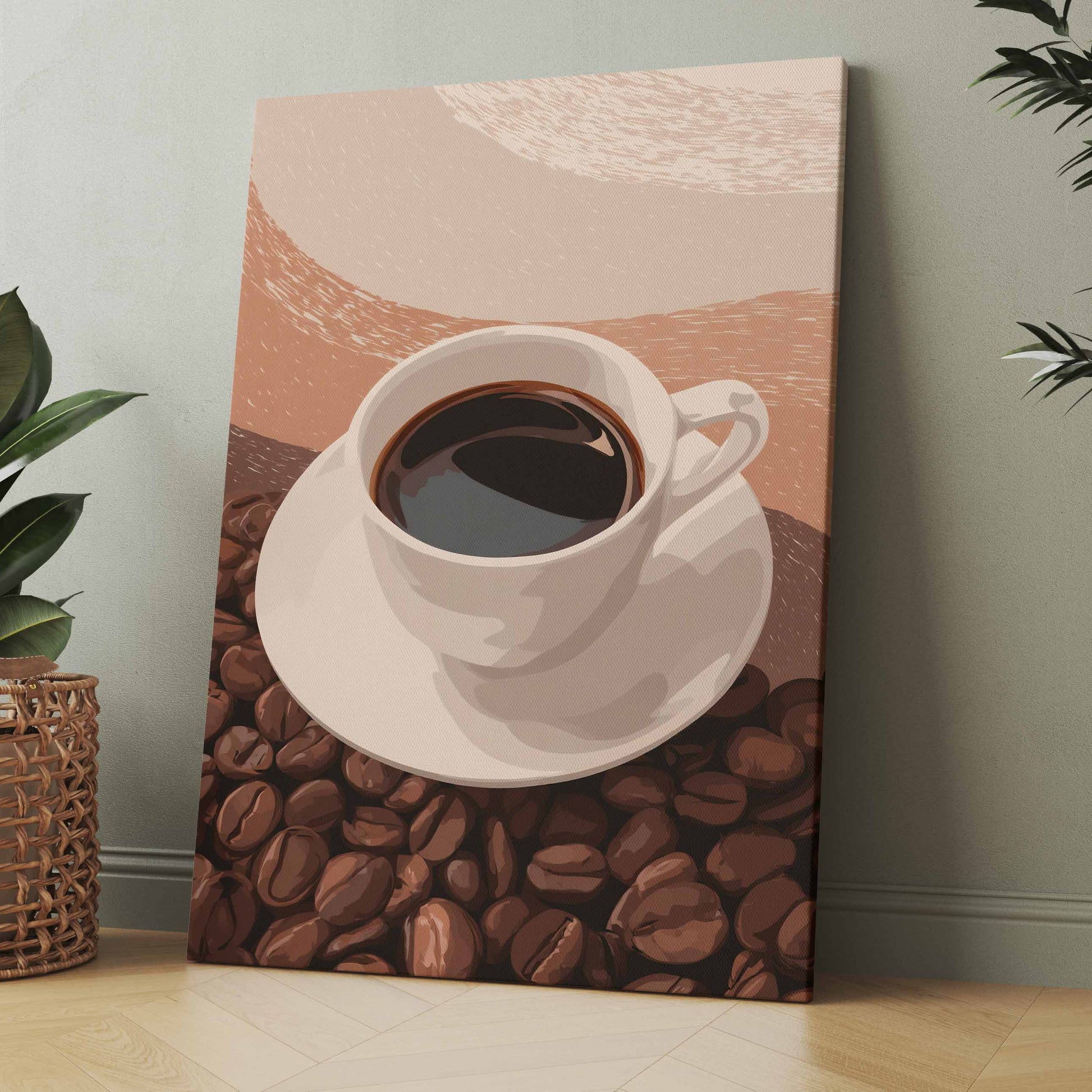 Minimalistisches Kaffeeposter: Tasse auf Kaffeebohnen in Braun und Beige