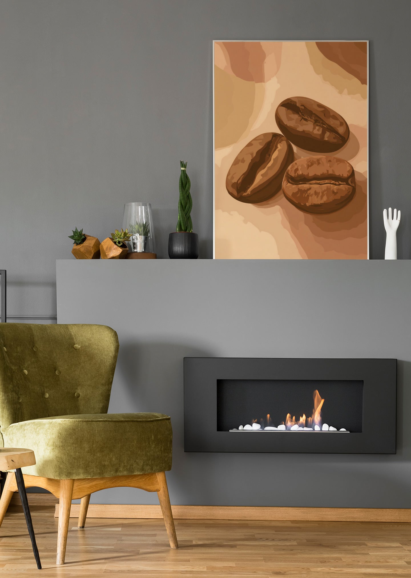 Kunstposter oder Leinwand mit Kaffeebohnen-Motiv, in Brauntönen auf hellem Grund