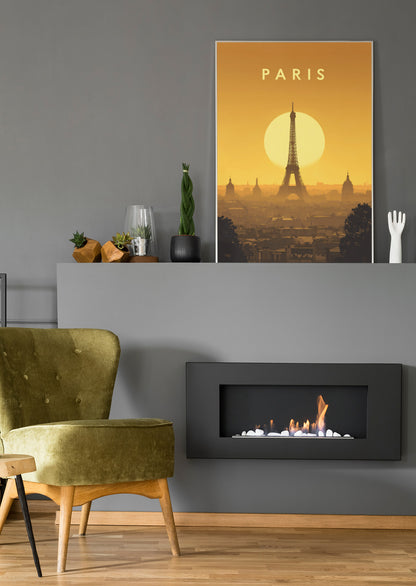 Poster an der Wand: PARIS, Eiffelturm im Kreis und Stadtansicht bei Dämmerung