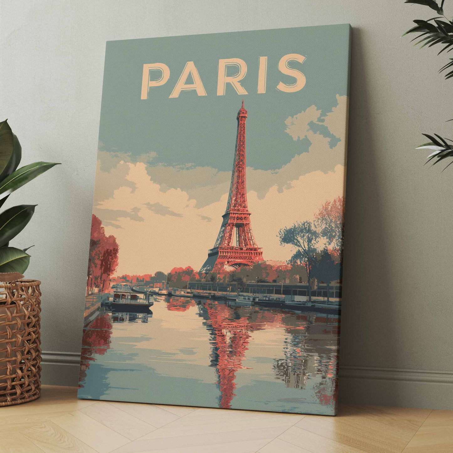 Leinwandbild „PARIS“ mit Eiffelturm, Farbverlauf und Fluss-Spiegelung, Hochformat.