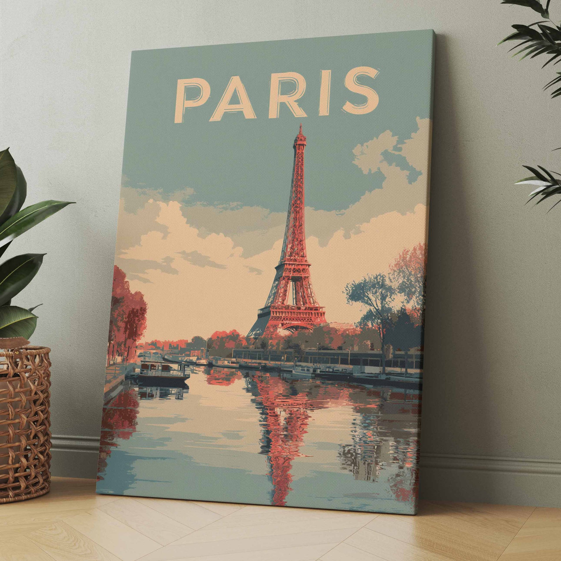 Leinwandbild „PARIS“ mit Eiffelturm, Farbverlauf und Fluss-Spiegelung, Hochformat.