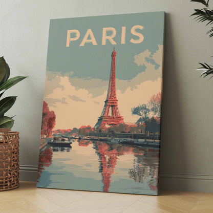 Leinwandbild „PARIS“ mit Eiffelturm, Farbverlauf und Fluss-Spiegelung, Hochformat.