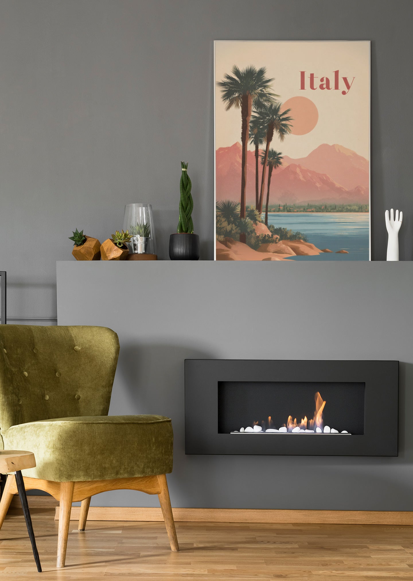 Leinwand mit Vintage-Italy-Landschaft: Palmen, Berge, Meer und „Italy“