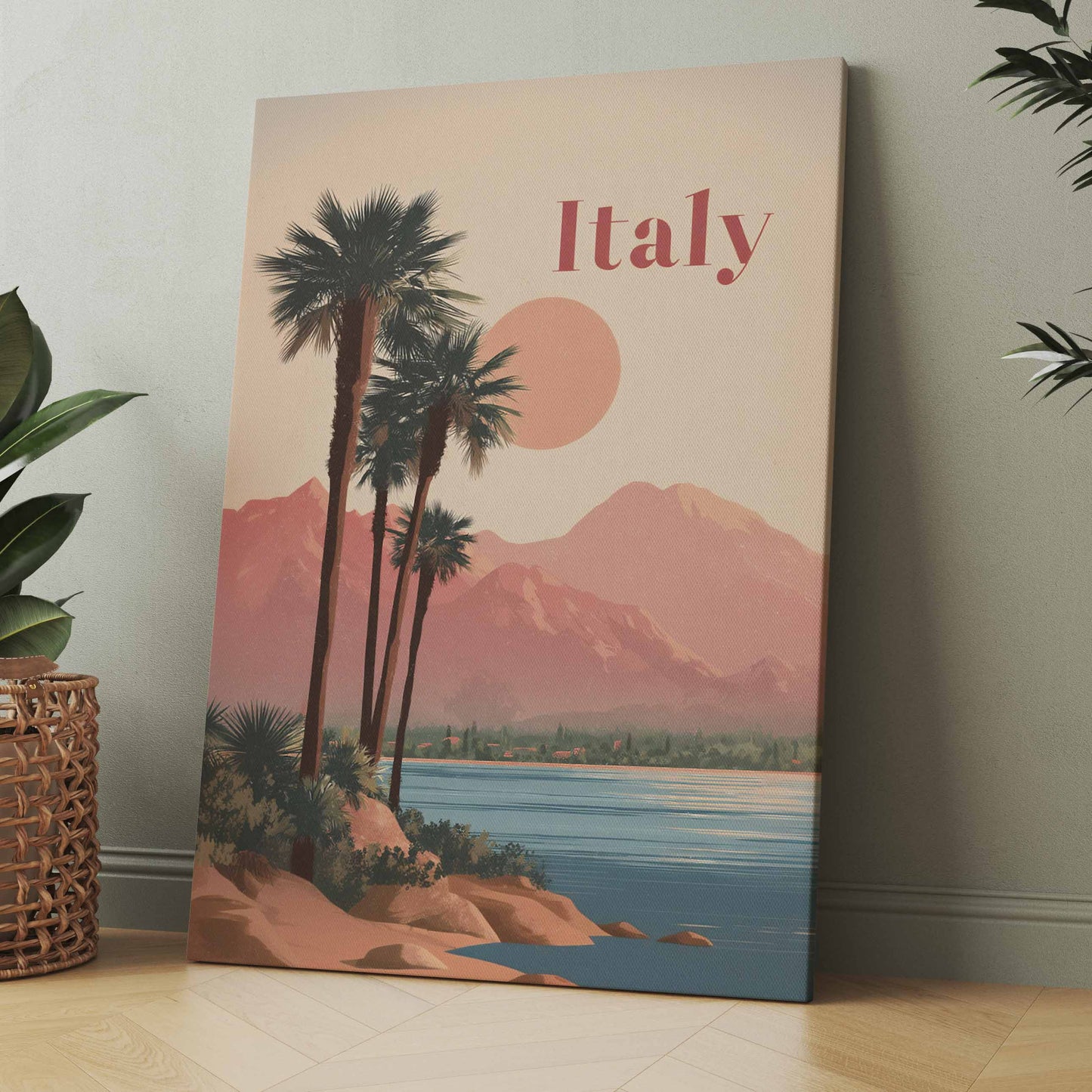 Leinwand mit Vintage-Italy-Landschaft: Palmen, Berge und Meer, Aufschrift „Italy“