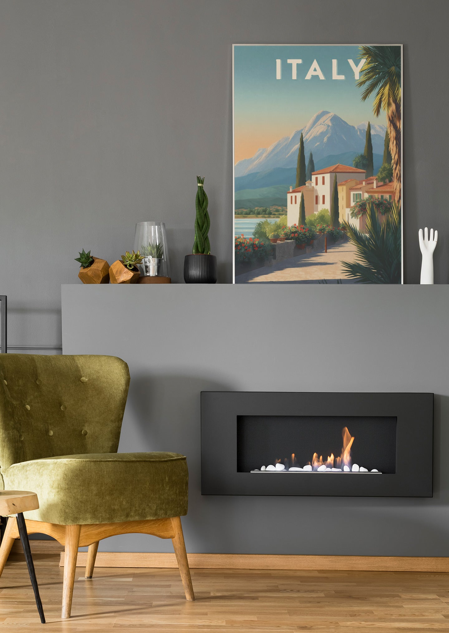 Wandbild mit „ITALY“, Bergsee und italienischen Häusern, Palmen am Rand