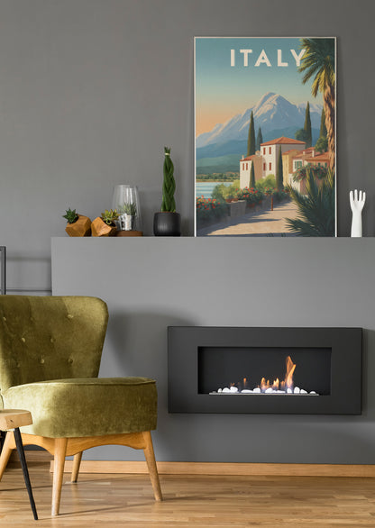 Wandbild mit „ITALY“, Bergsee und italienischen Häusern, Palmen am Rand