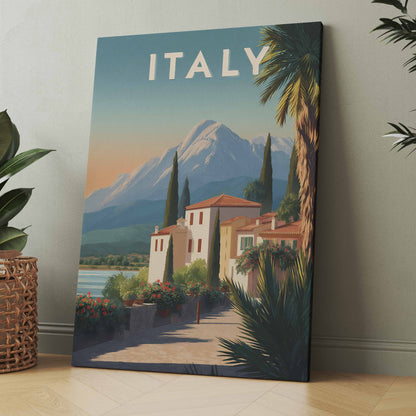 Wandbild mit Bergsee-Landschaft, Häusern und Palmen sowie „ITALY“ oben