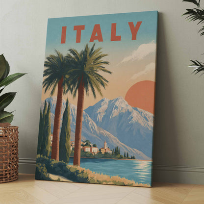 Vintage Italien-Poster: ITALY, Palmen, See und Berge