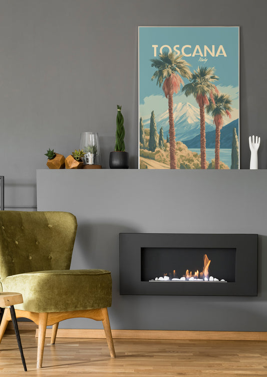 Vintage-Poster/Leinwandmotiv „Toscana“ mit Palmen und Berglandschaft