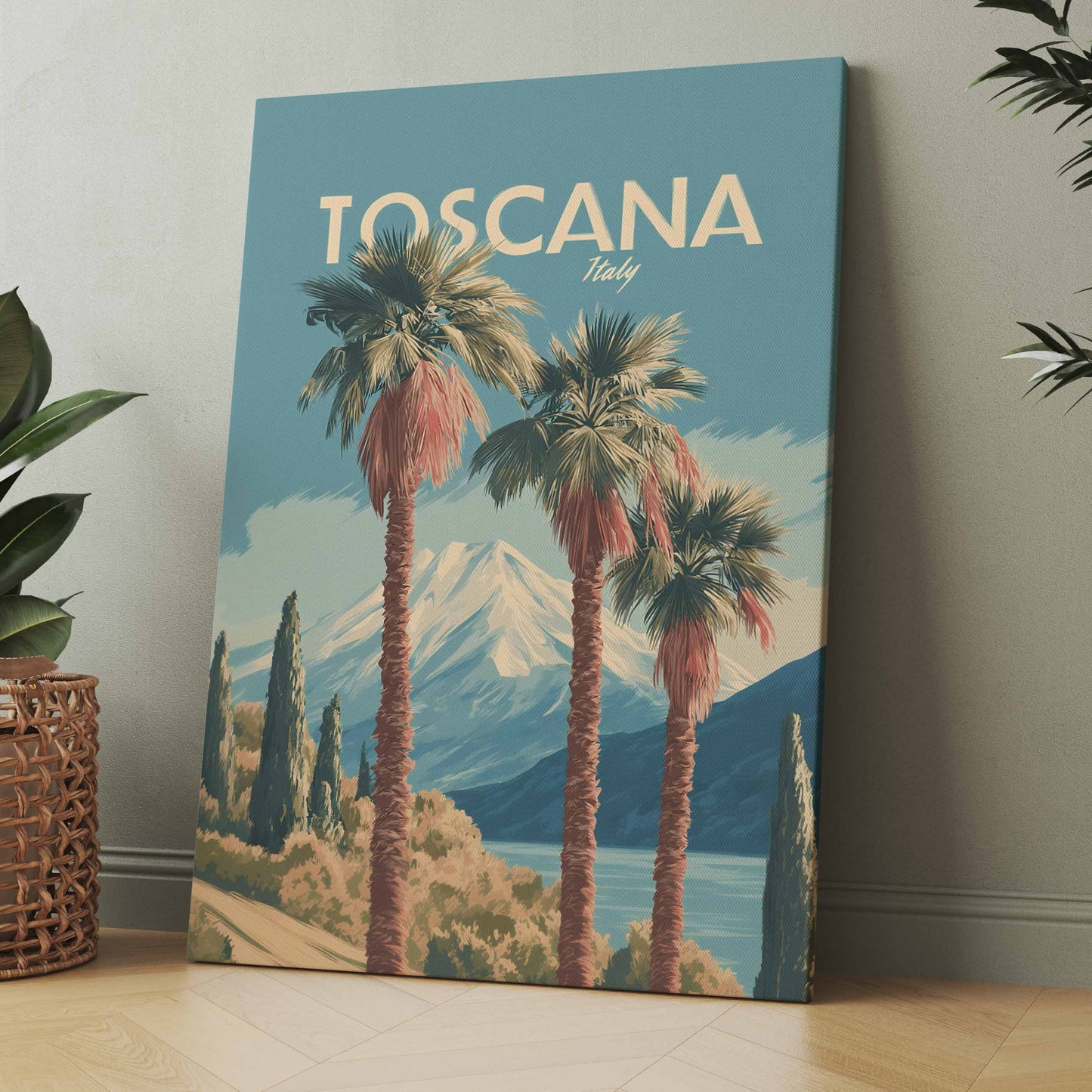 Vintage-Poster/Leinwandmotiv „Toscana“ mit Palmen und Bergen, blaues Himmelfeld