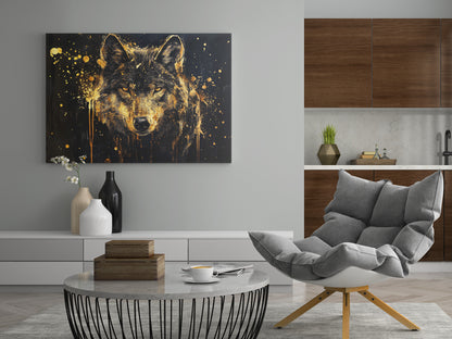 Leinwandbild mit Wolfskopf, goldene Farbspritzer auf dunklem rechteckigem Motiv
