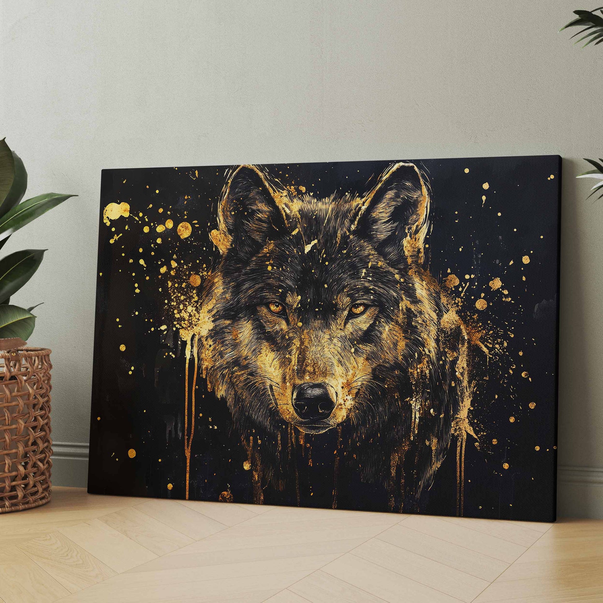 Leinwandbild mit abstraktem Wolfskopf, goldene Spritzer auf dunklem Hintergrund