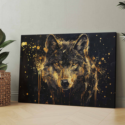 Leinwandbild mit abstraktem Wolfskopf, goldene Spritzer auf dunklem Hintergrund