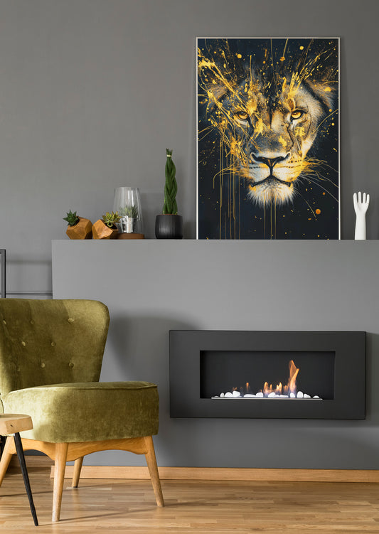 Goldener Löwe Abstraktkunst im Rahmen: Löwenkopf mit Goldspritzern, mittig an der Wand