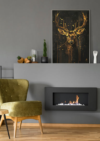 Wandbild im Rahmen: goldener Hirsch mit Geweih und Spritzdekor auf dunklem Grund